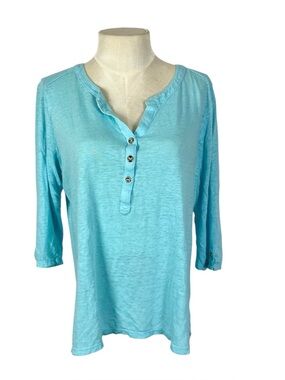 Lilly Pulitzer linen henley top size XL aqua blue 3/4 sleeves gold buttons